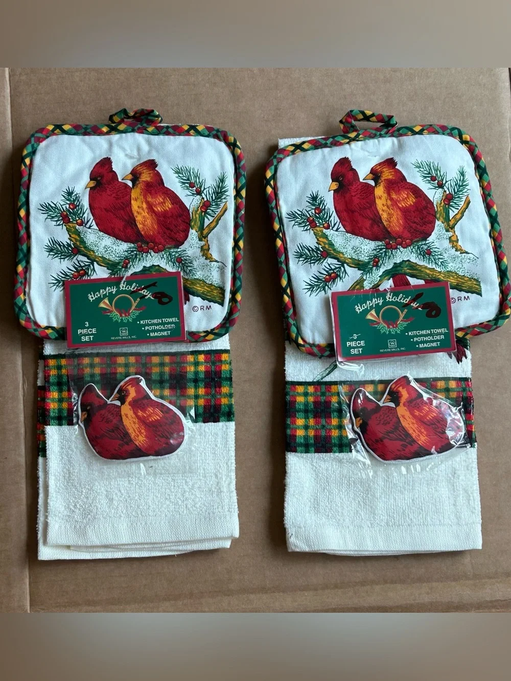Vintage Revere Mills Happy Holidays Red Cardinal 3pc Towels,Potholders, Magnets.